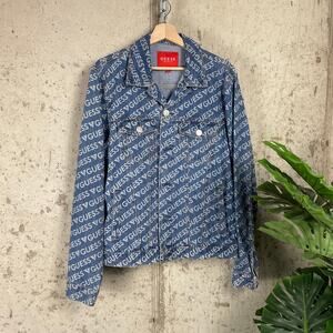 GUESS Denim Jacket AOP Logo Modern Button Up L